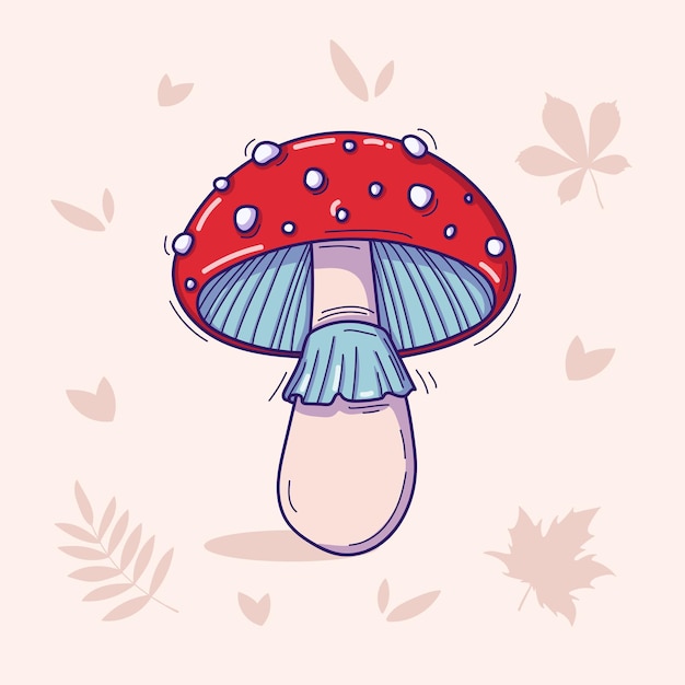 Vecteur illustration vectorielle dessinée à la main du champignon amanita muscaria fly agaric en style doodle isolé sur un fond clair avec des feuilles d'automne