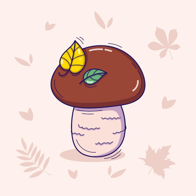 Vecteur illustration vectorielle dessinée à la main du champignon boletus russula champignon avec deux feuilles dans un style doodle isolé sur un fond clair avec des feuilles d'automne