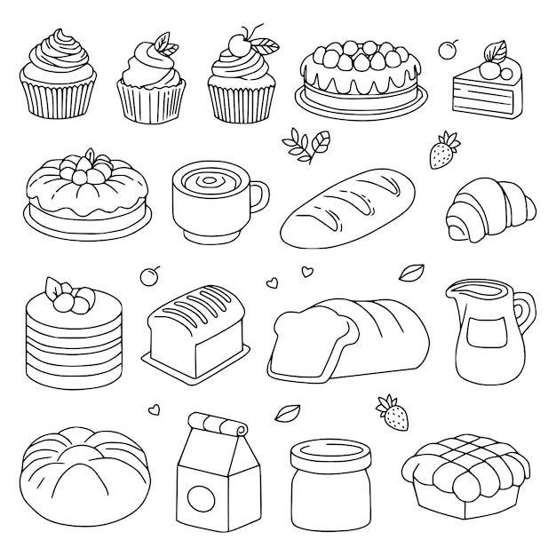 Illustration vectorielle dessinée à la main de gâteau et de boulangerie