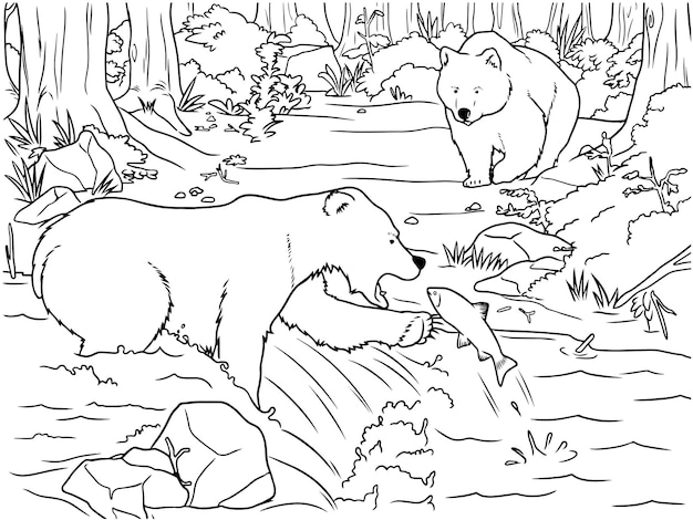 Vecteur illustration vectorielle dessinée à la main d'ours bruns à la chasse