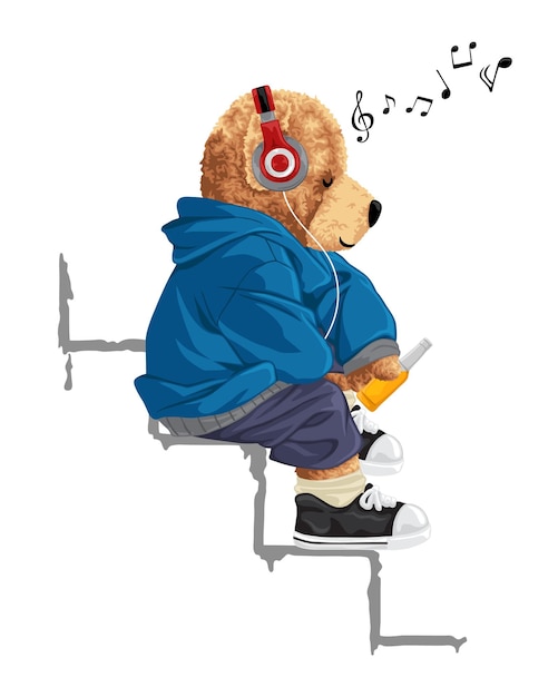 Illustration Vectorielle Dessinée à La Main D'un Ours En Peluche écouter De La Musique Avec Un Casque Tout En Tenant Une Boisson Gazeuse