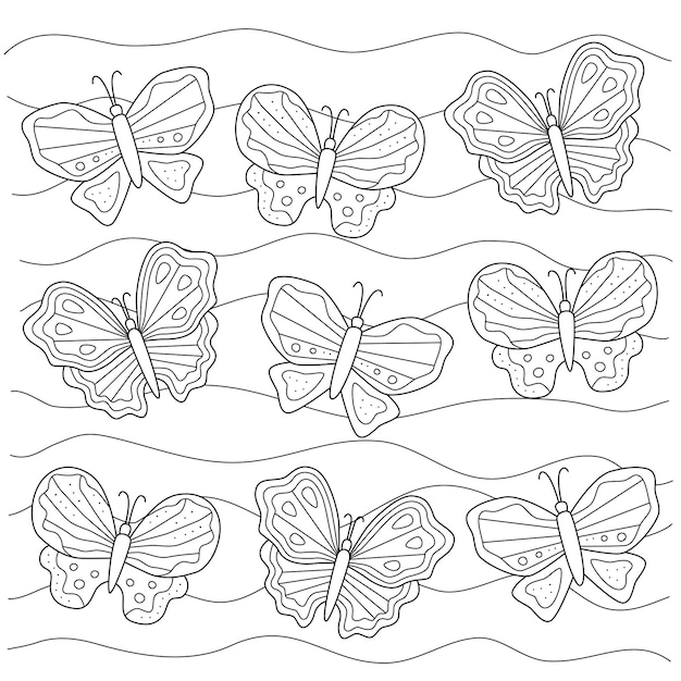 Illustration Vectorielle Dessinée à La Main. Papillons Mignons Sur Fond Blanc, Page De Coloriage Pour Les Enfants.