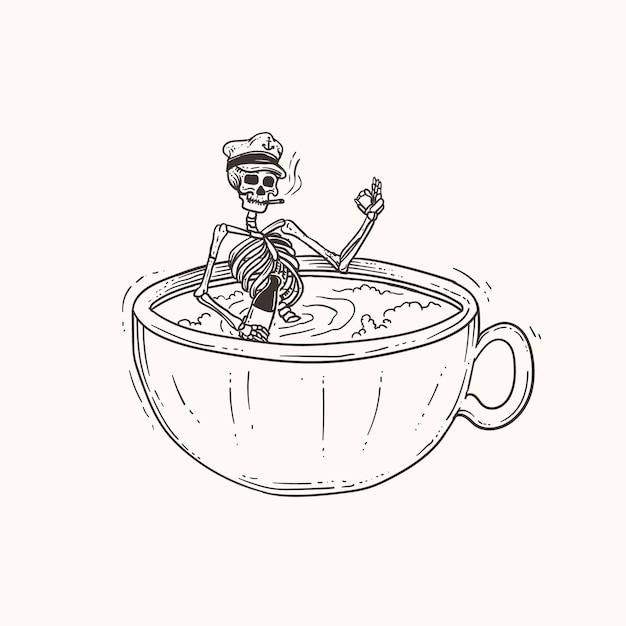 Illustration Vectorielle Dessinée à La Main D'un Pirate Dans Une Tasse De Café Dans Un Style De Croquis