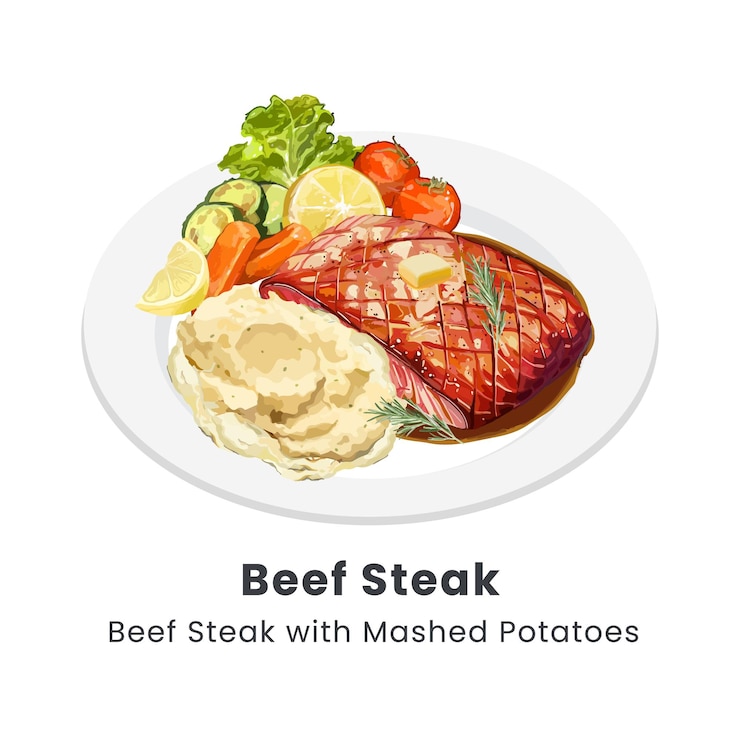 Vecteur illustration vectorielle dessinée à la main d'un steak de bœuf avec des légumes