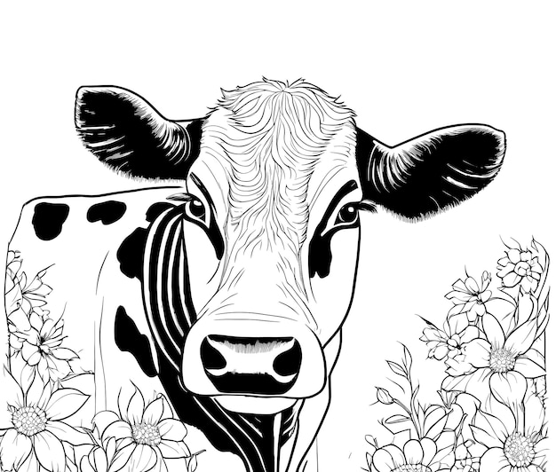 Vecteur illustration vectorielle dessinée à la main d'une vache et d'une page à colorier sur fond blanc