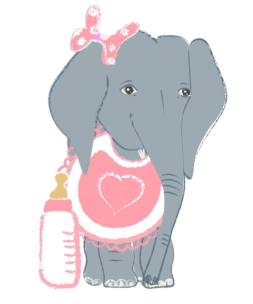 Illustration vectorielle dessinés à la main avec un bébé éléphant mignon avec biberon célébrant la nouvelle naissance isolé sur fond blanc