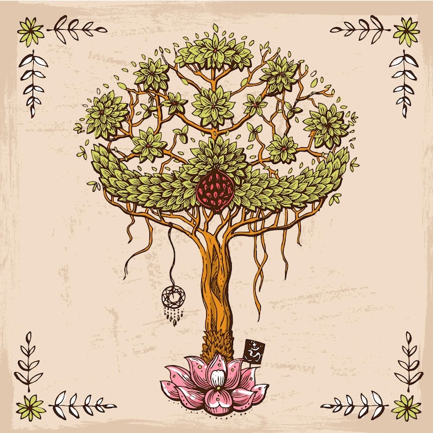 Vecteur illustration vectorielle dessinés à la main bouddha arbre boho style dessin nous pour invitations flyers cartes postales smartphone couvre etc.