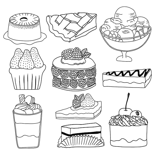 Vecteur illustration vectorielle dessinés à la main de la collection de desserts et de gâteaux dans un style d'art doodle sur fond blanc