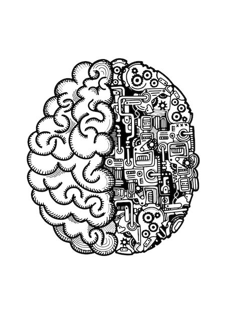 Illustration Vectorielle Dessinés à La Main Du Cerveau De La Machine Humaine