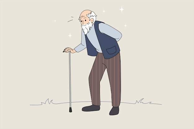 Illustration Vectorielle Dessinés à La Main D'un Homme Senior Avec Une Canne. Retraite Senior. Vieil Homme Qui Marche. Illustration Vectorielle Avec Fond Abstrait