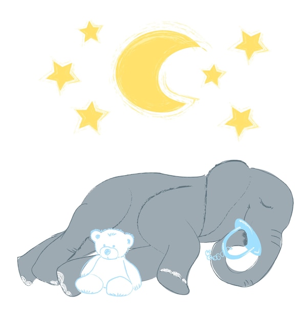 Illustration vectorielle dessinés à la main avec un mignon bébé éléphant dormant célébrant la nouvelle naissance isolé sur fond blanc