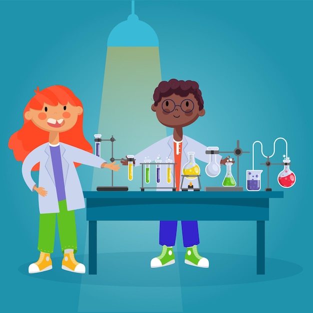 Vecteur illustration vectorielle avec deux enfants, expérience de recherche en laboratoire de chimie