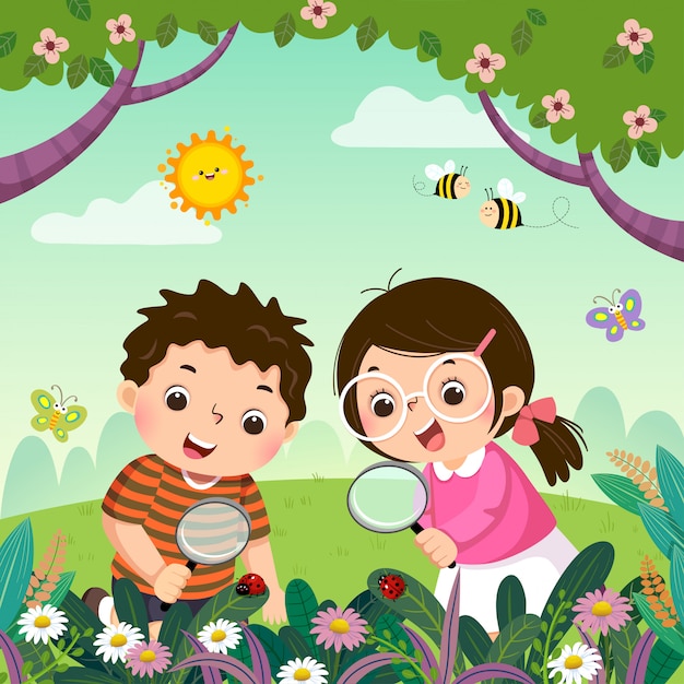 Illustration vectorielle de deux enfants regardant à travers la loupe à coccinelles sur les plantes. Les enfants observent la nature.