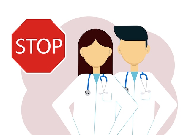 Illustration Vectorielle De Deux Médecins Un Homme Et Une Femme En Blouse Blanche Et Avec Des Stéthoscopes à Côté D'un Grand Panneau Stop