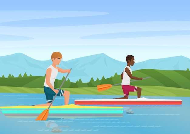 Illustration Vectorielle De Deux Sportifs à L'aviron Et En Compétition Sur La Rivière.