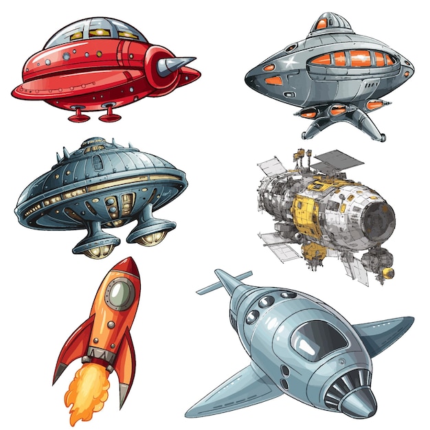 Vecteur illustration vectorielle de différentes collections de vaisseaux spatiaux de dessins animés