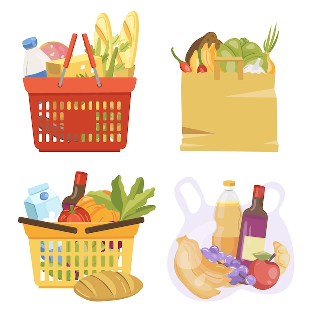 Illustration vectorielle différents paniers d'épicerie avec produits d'épicerie