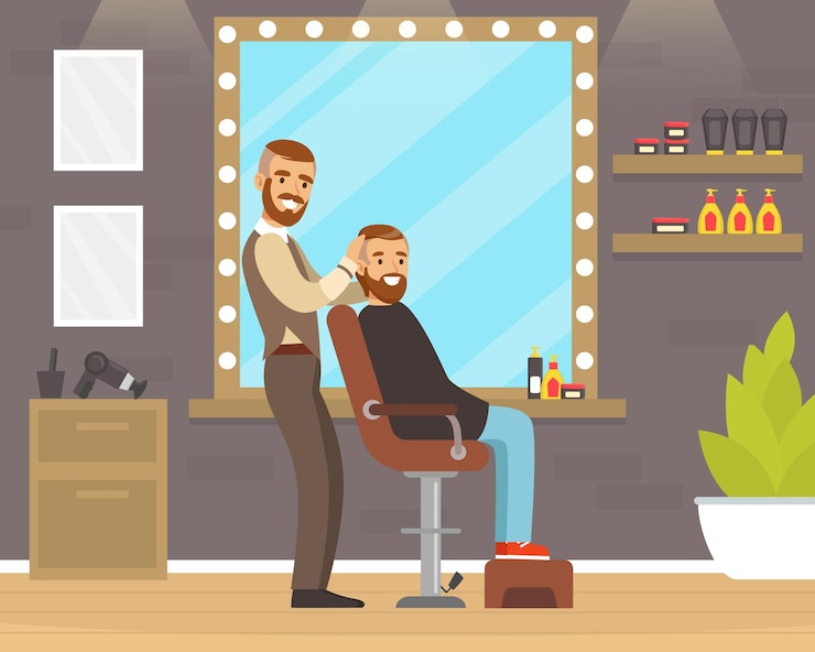 Vecteur l'illustration vectorielle du barbier qui coupe et fait ses cheveux
