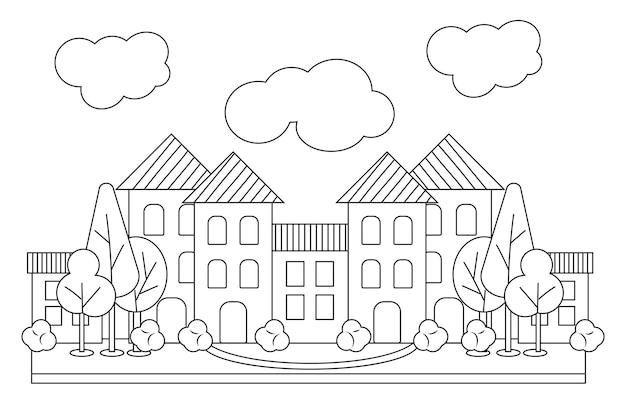 Illustration Vectorielle Du Bâtiment Avec Des Arbres Pour Cahier De Coloriage