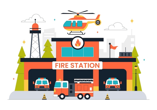 Illustration vectorielle du bâtiment de la caserne de pompiers mettant en vedette un département et une voiture d'incendie avec des pompiers sur un fond de dessin animé de style plat