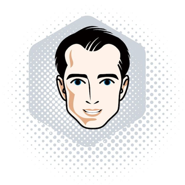 Illustration vectorielle du beau visage masculin brunet, traits positifs du visage, clipart.