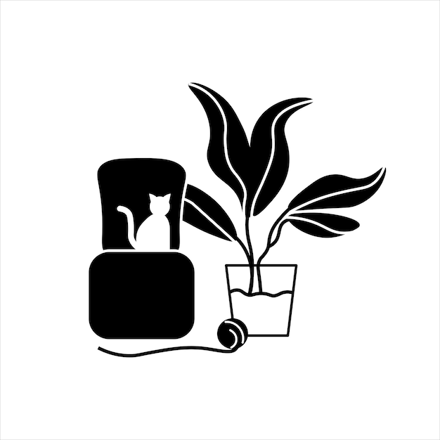 Illustration Vectorielle Du Chat Assis Sur Un Fauteuil à Côté D'une Fleur Amère Une Pelote De Fil Un Chaton De La Verdure D'aloès Une Plante Une Fleur Un Animal Un Canapé Une Chaise Concept De Futurisme Design Plat