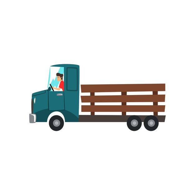 Illustration vectorielle du concept agricole d'un homme conduisant un camion de livraison sur un fond blanc