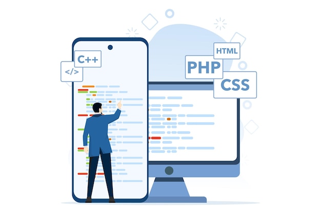 illustration vectorielle du concept de développement d'applications avec des personnes faisant du développement de sites Web et d'appli