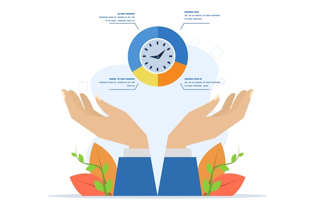 Illustration Vectorielle Du Concept De Gestion Du Temps Avec Un Homme D'affaires Tenant Un Graphique Pie Avec Une Horloge