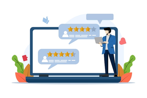 illustration vectorielle du concept de notation de l'application avec des personnes, des personnages donnant des commentaires ou des commentaires des clients