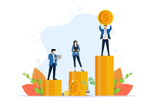 illustration vectorielle du concept de paiements inégales avec une personne debout sur une pile de pièces