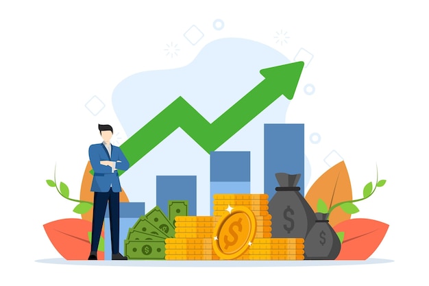 illustration vectorielle du concept de revenu passif avec homme d'affaires avec tas d'argent et courbe de croissance