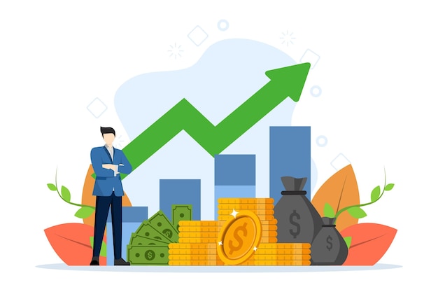 Illustration Vectorielle Du Concept De Revenu Passif Avec Homme D'affaires Avec Tas D'argent Et Courbe De Croissance