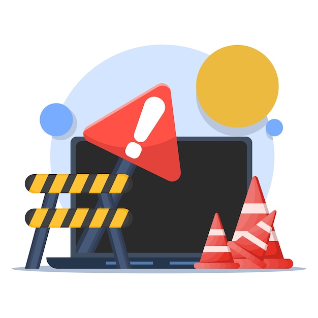 illustration vectorielle du concept de site Web en maintenance ou de l'ordinateur portable avec outils de réparation et panneau d'avertissement