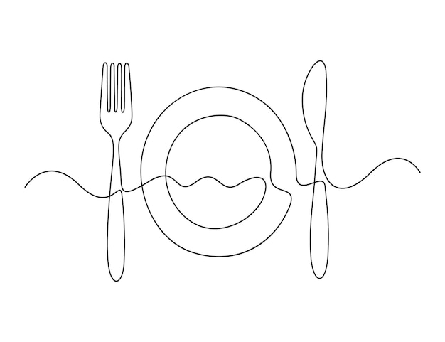 Illustration vectorielle du dessin en ligne continue du couteau à plaque et de la fourchette