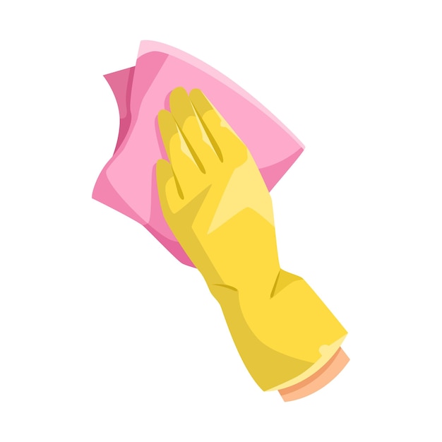 L'illustration vectorielle du gant jaune montre une main se nettoyant avec un chiffon rose.