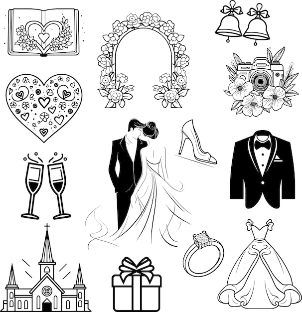 Vecteur illustration vectorielle du jeu d'icônes de mariage