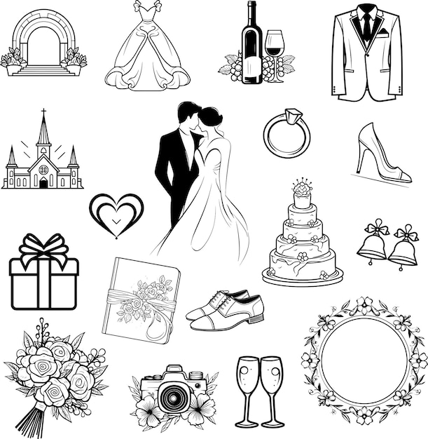 Illustration Vectorielle Du Jeu D'icônes De Mariage