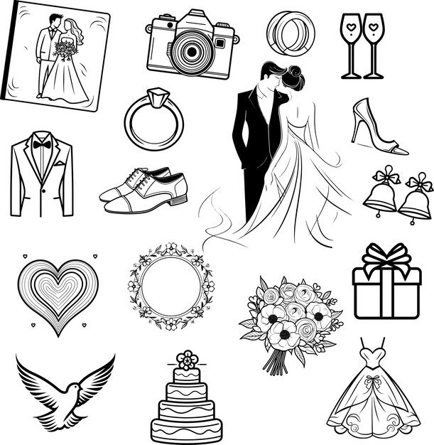 Vecteur illustration vectorielle du jeu d'icônes de mariage