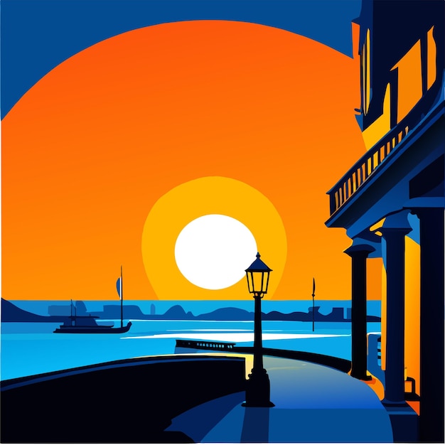 Vecteur illustration vectorielle du lampadaire lumineux du paysage marin bleu orange au coucher du soleil