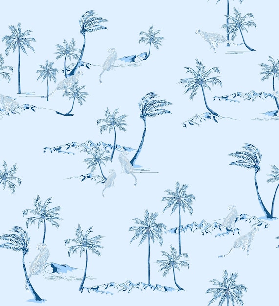 Vecteur l'illustration vectorielle du léopard de l'île tropicale de palm beach à hawaï pattern sans couture sur le ciel bleu bg