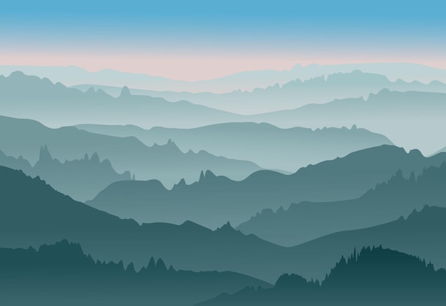 Illustration vectorielle du lever ou du coucher du soleil dans les montagnes avec du brouillard