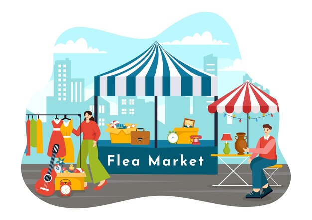 Vecteur illustration vectorielle du marché aux puces avec un magasin d'occasion avec des acheteurs et des clients le week-end