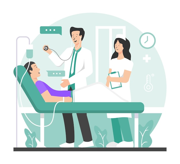 Illustration Vectorielle Du Médecin Et De L'infirmière Donnant Des Examens Au Patient