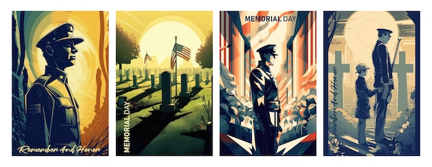 Illustration vectorielle du Memorial Day Soldat du drapeau des États-Unis au cimetière et un enfant le jour du commémorationDesign de carte de vœux et d'affiche rétro