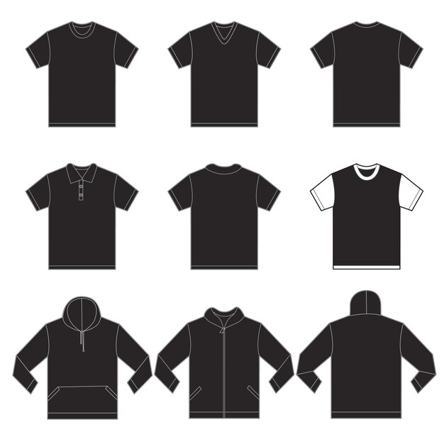 Illustration Vectorielle Du Modèle De Chemises Noires Dans De Nombreuses Variantes De Conception Avant Et Arrière