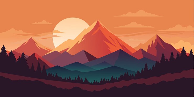 Vecteur illustration vectorielle du paysage de montagne au coucher du soleil