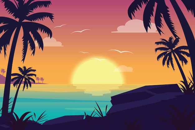 Illustration vectorielle du paysage de la plage au coucher du soleil