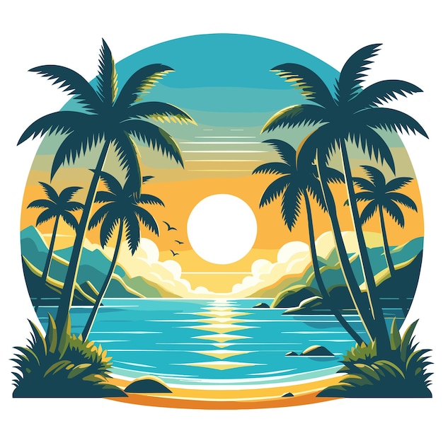 Illustration vectorielle du paysage de plage tropicale au coucher du soleil aux couleurs vives affiche de voyage