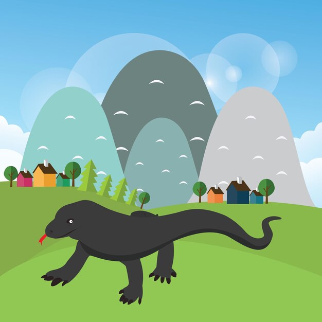 Vecteur illustration vectorielle du reptile dragon de komodo avec fond de scène de mouintain
